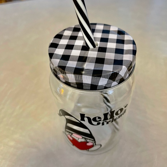 Mason jar with gingham lid and straw.  Gnome ~Hello friend. ❤️ - Picture 2 of 3